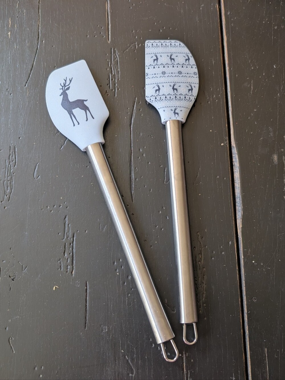 Pair of Winter Theme Nordic Holiday Spatulas Brushed Metal Handles Reindeer